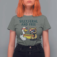 Silly Feral and Free T Shirt For Women Funny Goose and Raccoon 4th of July Patriotic - Wonder Print Shop