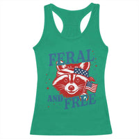 Funny Feral and Free Raccoon Racerback Tank Top Patriotic Bandana Animal 4th of July US Flag - Wonder Print Shop