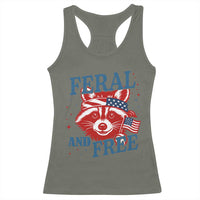 Funny Feral and Free Raccoon Racerback Tank Top Patriotic Bandana Animal 4th of July US Flag - Wonder Print Shop