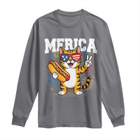 Merica Cat Long Sleeve Shirt Funny 4th of July Hot Dog and Fireworks Patriotic USA Flag - Wonder Print Shop