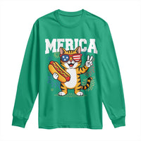 Merica Cat Long Sleeve Shirt Funny 4th of July Hot Dog and Fireworks Patriotic USA Flag - Wonder Print Shop