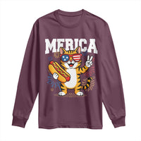Merica Cat Long Sleeve Shirt Funny 4th of July Hot Dog and Fireworks Patriotic USA Flag - Wonder Print Shop