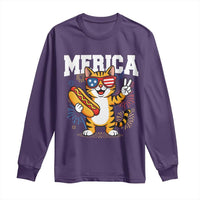 Merica Cat Long Sleeve Shirt Funny 4th of July Hot Dog and Fireworks Patriotic USA Flag - Wonder Print Shop