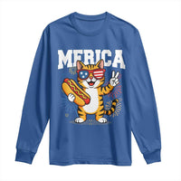 Merica Cat Long Sleeve Shirt Funny 4th of July Hot Dog and Fireworks Patriotic USA Flag - Wonder Print Shop