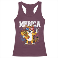 Merica Cat Racerback Tank Top Funny 4th of July Hot Dog and Fireworks Patriotic USA Flag - Wonder Print Shop