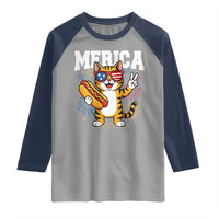 Merica Cat Raglan Shirt Funny 4th of July Hot Dog and Fireworks Patriotic USA Flag - Wonder Print Shop