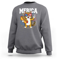 Merica Cat Sweatshirt Funny 4th of July Hot Dog and Fireworks Patriotic USA Flag - Wonder Print Shop