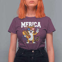 Merica Cat T Shirt For Women Funny 4th of July Hot Dog and Fireworks Patriotic USA Flag - Wonder Print Shop