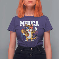 Merica Cat T Shirt For Women Funny 4th of July Hot Dog and Fireworks Patriotic USA Flag - Wonder Print Shop