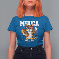 Merica Cat T Shirt For Women Funny 4th of July Hot Dog and Fireworks Patriotic USA Flag - Wonder Print Shop