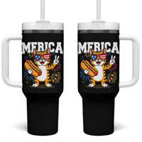 Merica Cat Tumbler With Handle Funny 4th of July Hot Dog and Fireworks Patriotic USA Flag - Wonder Print Shop