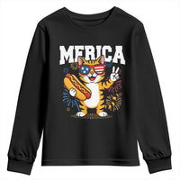 Merica Cat Youth Sweatshirt Funny 4th of July Hot Dog and Fireworks Patriotic USA Flag - Wonder Print Shop