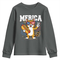 Merica Cat Youth Sweatshirt Funny 4th of July Hot Dog and Fireworks Patriotic USA Flag - Wonder Print Shop