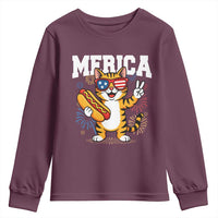 Merica Cat Youth Sweatshirt Funny 4th of July Hot Dog and Fireworks Patriotic USA Flag - Wonder Print Shop