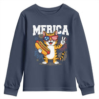 Merica Cat Youth Sweatshirt Funny 4th of July Hot Dog and Fireworks Patriotic USA Flag - Wonder Print Shop