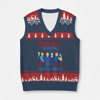 Vintage Feminist Americana V-Neck Knit Sweater Vest Democracy Is Dying But Hey Nice Fireworks Funny 4th Of July - Wonder Print Shop