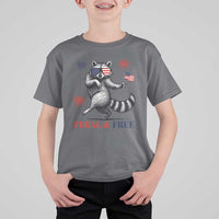 Feral and Free Dancing Raccoon T Shirt For Kid Funny 4th July Patriotic Animal US Flag and Fireworks - Wonder Print Shop