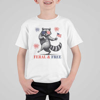 Feral and Free Dancing Raccoon T Shirt For Kid Funny 4th July Patriotic Animal US Flag and Fireworks - Wonder Print Shop