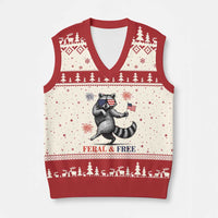 Feral and Free Dancing Raccoon V-Neck Knit Sweater Vest Funny 4th July Patriotic Animal US Flag and Fireworks - Wonder Print Shop