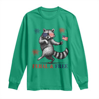 Feral and Free Dancing Raccoon Long Sleeve Shirt Funny 4th July Patriotic Animal US Flag and Fireworks - Wonder Print Shop