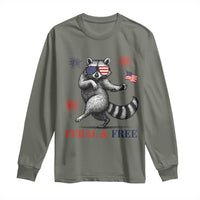 Feral and Free Dancing Raccoon Long Sleeve Shirt Funny 4th July Patriotic Animal US Flag and Fireworks - Wonder Print Shop