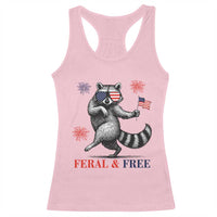 Feral and Free Dancing Raccoon Racerback Tank Top Funny 4th July Patriotic Animal US Flag and Fireworks - Wonder Print Shop