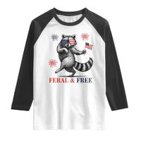 Feral and Free Dancing Raccoon Raglan Shirt Funny 4th July Patriotic Animal US Flag and Fireworks - Wonder Print Shop