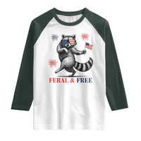 Feral and Free Dancing Raccoon Raglan Shirt Funny 4th July Patriotic Animal US Flag and Fireworks - Wonder Print Shop