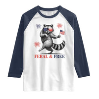 Feral and Free Dancing Raccoon Raglan Shirt Funny 4th July Patriotic Animal US Flag and Fireworks - Wonder Print Shop