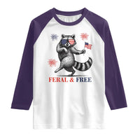 Feral and Free Dancing Raccoon Raglan Shirt Funny 4th July Patriotic Animal US Flag and Fireworks - Wonder Print Shop