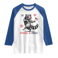 Feral and Free Dancing Raccoon Raglan Shirt Funny 4th July Patriotic Animal US Flag and Fireworks - Wonder Print Shop