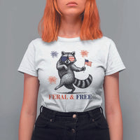 Feral and Free Dancing Raccoon T Shirt For Women Funny 4th July Patriotic Animal US Flag and Fireworks - Wonder Print Shop