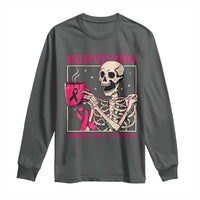 Funny Breast Cancer Skeleton Drinking Coffee Long Sleeve Shirt Surviving Purely Out Of Spite Pink Ribbon Warrior
