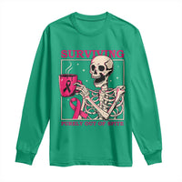 Funny Breast Cancer Skeleton Drinking Coffee Long Sleeve Shirt Surviving Purely Out Of Spite Pink Ribbon Warrior