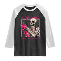 Funny Breast Cancer Skeleton Drinking Coffee Raglan Shirt Surviving Purely Out Of Spite Pink Ribbon Warrior