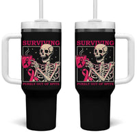 Funny Breast Cancer Skeleton Drinking Coffee Tumbler With Handle Surviving Purely Out Of Spite Pink Ribbon Warrior