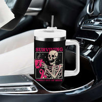 Funny Breast Cancer Skeleton Drinking Coffee Tumbler With Handle Surviving Purely Out Of Spite Pink Ribbon Warrior