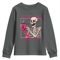 Funny Breast Cancer Skeleton Drinking Coffee Youth Sweatshirt Surviving Purely Out Of Spite Pink Ribbon Warrior