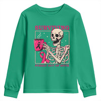 Funny Breast Cancer Skeleton Drinking Coffee Youth Sweatshirt Surviving Purely Out Of Spite Pink Ribbon Warrior