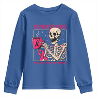 Funny Breast Cancer Skeleton Drinking Coffee Youth Sweatshirt Surviving Purely Out Of Spite Pink Ribbon Warrior