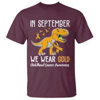 Childhood Cancer Awareness Dinosaur T Shirt In September We Wear Gold Ribbon Support Kids Warrior - Wonder Print Shop