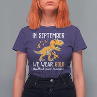 Childhood Cancer Awareness Dinosaur T Shirt For Women In September We Wear Gold Ribbon Support Kids Warrior - Wonder Print Shop