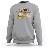 Sport gray bee-themed sweatshirt with gnome holding honey jar and 'BEE Blessed' graphic