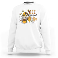 White bee-themed sweatshirt with gnome holding honey jar and 'BEE Blessed' graphic