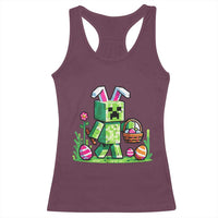 Pixel Easter Bunny Gamer Parody Graphic Racerback Tank Top Funny Block Style Rabbit with Eggs Basket Gaming Humor Gift