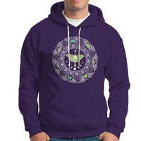 Women's purple moth mandala hoodie with front pocket and drawstring hood.