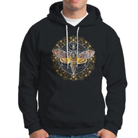 Black pullover hoodie with hood drawstrings, kangaroo pocket, and moth mandala graphic on chest