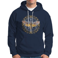 Navy pullover hoodie with hood drawstrings, kangaroo pocket, and moth mandala graphic on chest