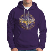Purple pullover hoodie with hood drawstrings, kangaroo pocket, and moth mandala graphic on chest