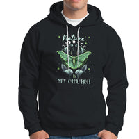 Black pullover hoodie with large green moth graphic and front pocket